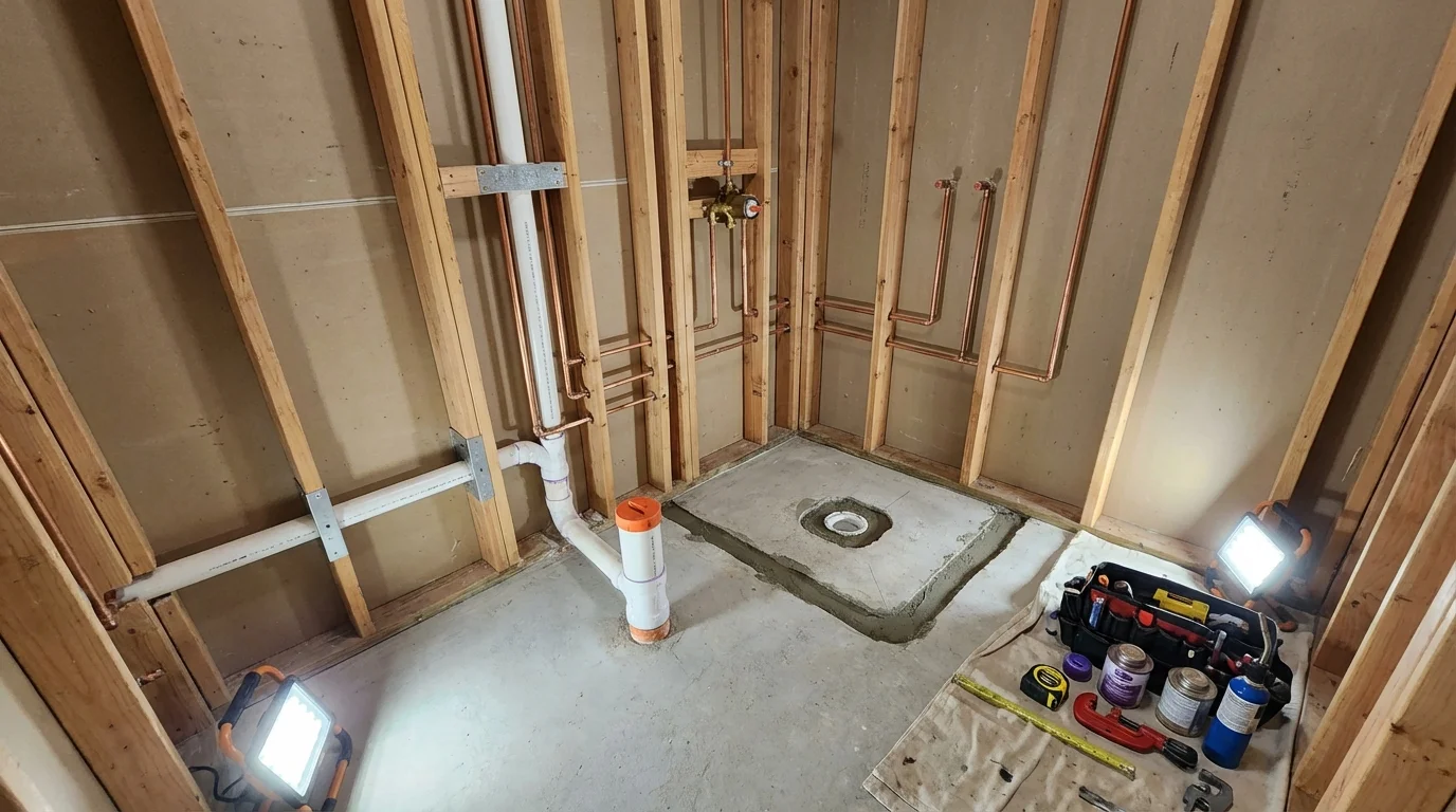 Bathroom rough-in plumbing during remodel by Johns Plumbing LLC in Kalona