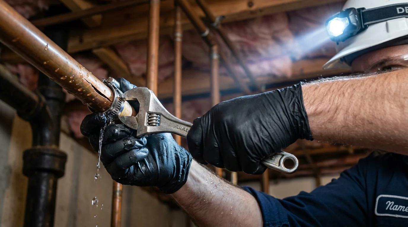 Emergency pipe clamp repair being performed by a Johns Plumbing LLC plumber in Kalona