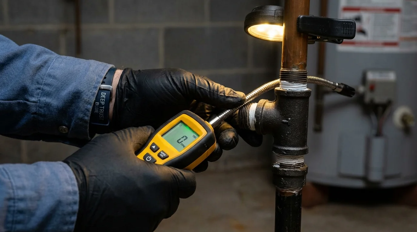 Gas leak detection with electronic sniffer by Johns Plumbing LLC in Kalona