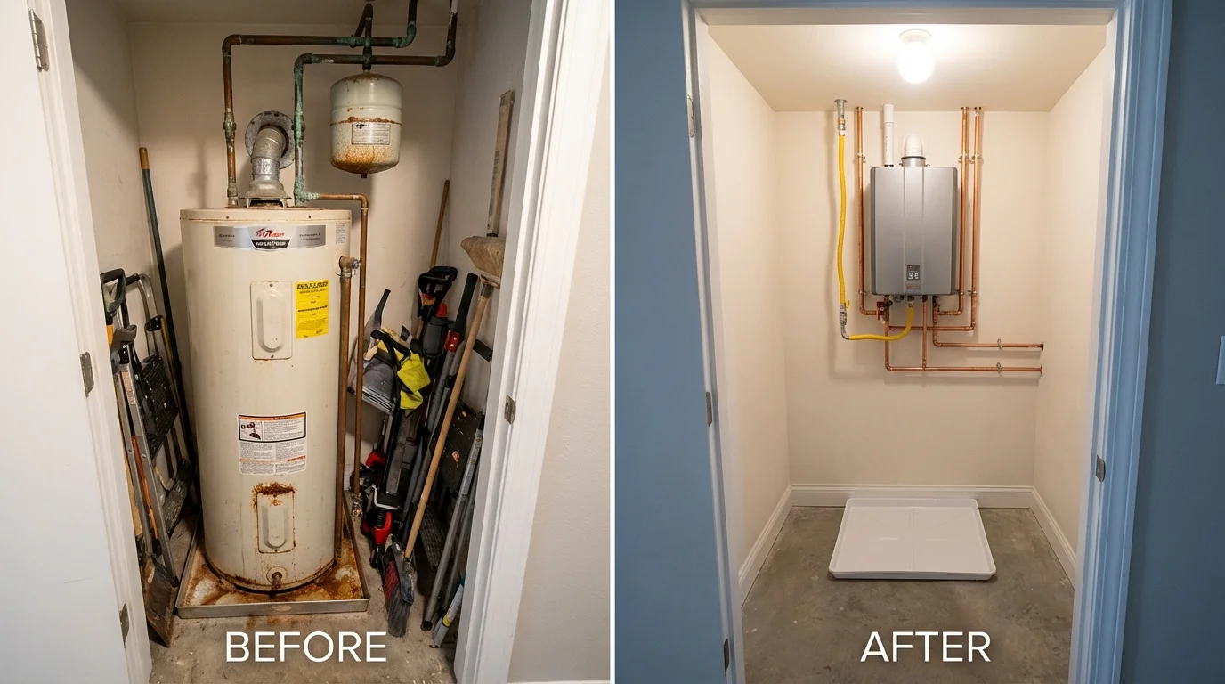 Tank water heater versus wall-mounted tankless unit comparison for Kalona, IA homeowners