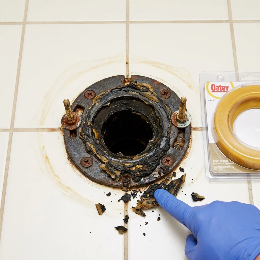 Failed wax ring showing water seepage at the base of a toilet in a Kalona, IA home