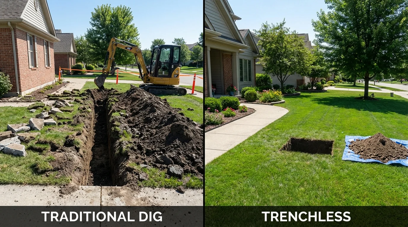 Trenchless sewer repair with minimal yard damage versus traditional excavation in Kalona, IA