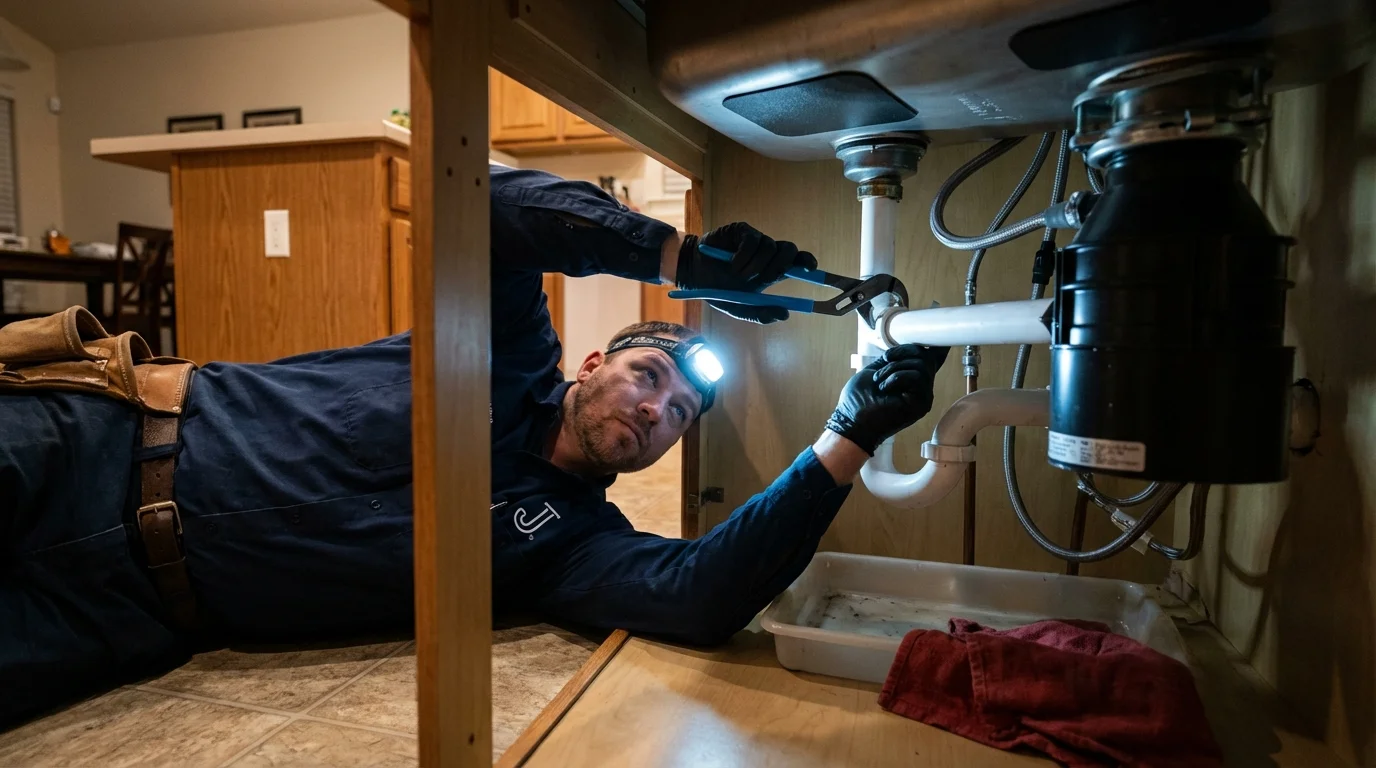 P-trap and supply line connections under a kitchen sink showing a common leak point in Kalona, IA